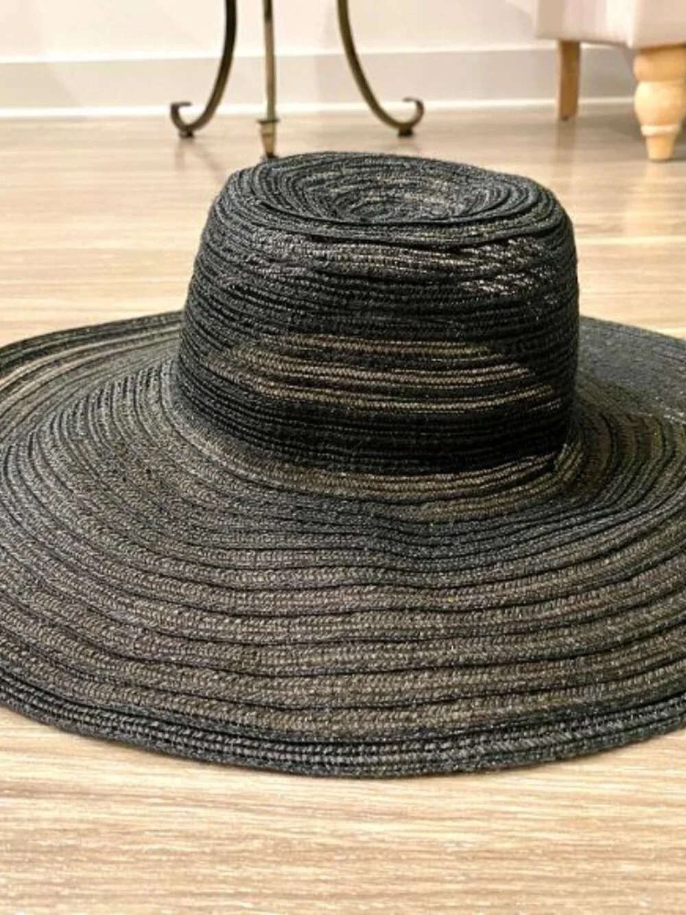 Oversized Black Woven Straw Wide Brim Sun Hat - 17” Diameter